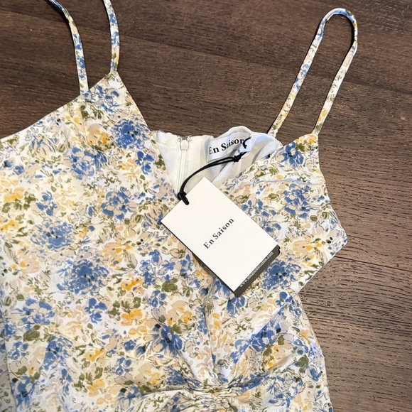 NWT En Saison Floral Midi Slip Dress Med Ruching Feminine Romantic Cottagecore - Picture 4 of 8